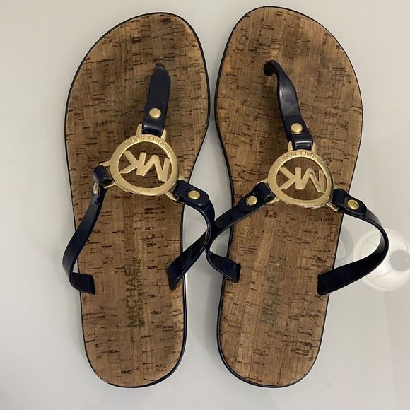 Michael Kors Women's Gold Logo Flip Flops Navy Cork Bottom Size 8 - Picture 1 of 7